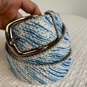 Vintage Shimery Sky Blue and White Striped Belt with Silver Rhinestones